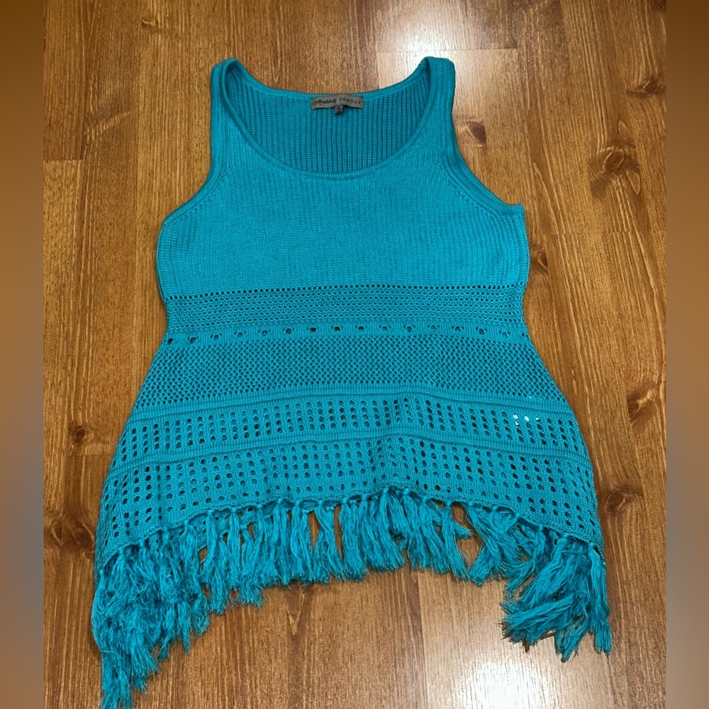Absolutely Famous Crochet Fringe Women’s Size XL Turquoise Blue swimsuit coverup